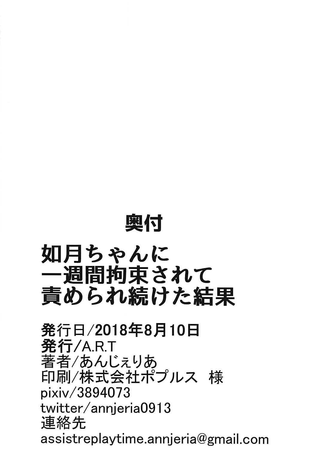 (C94) [A.R.T (あんじぇりあ)] 如月ちゃんに一週間拘束されて責められ続けた結果 (艦隊これくしょん -艦これ-) [中国翻訳]