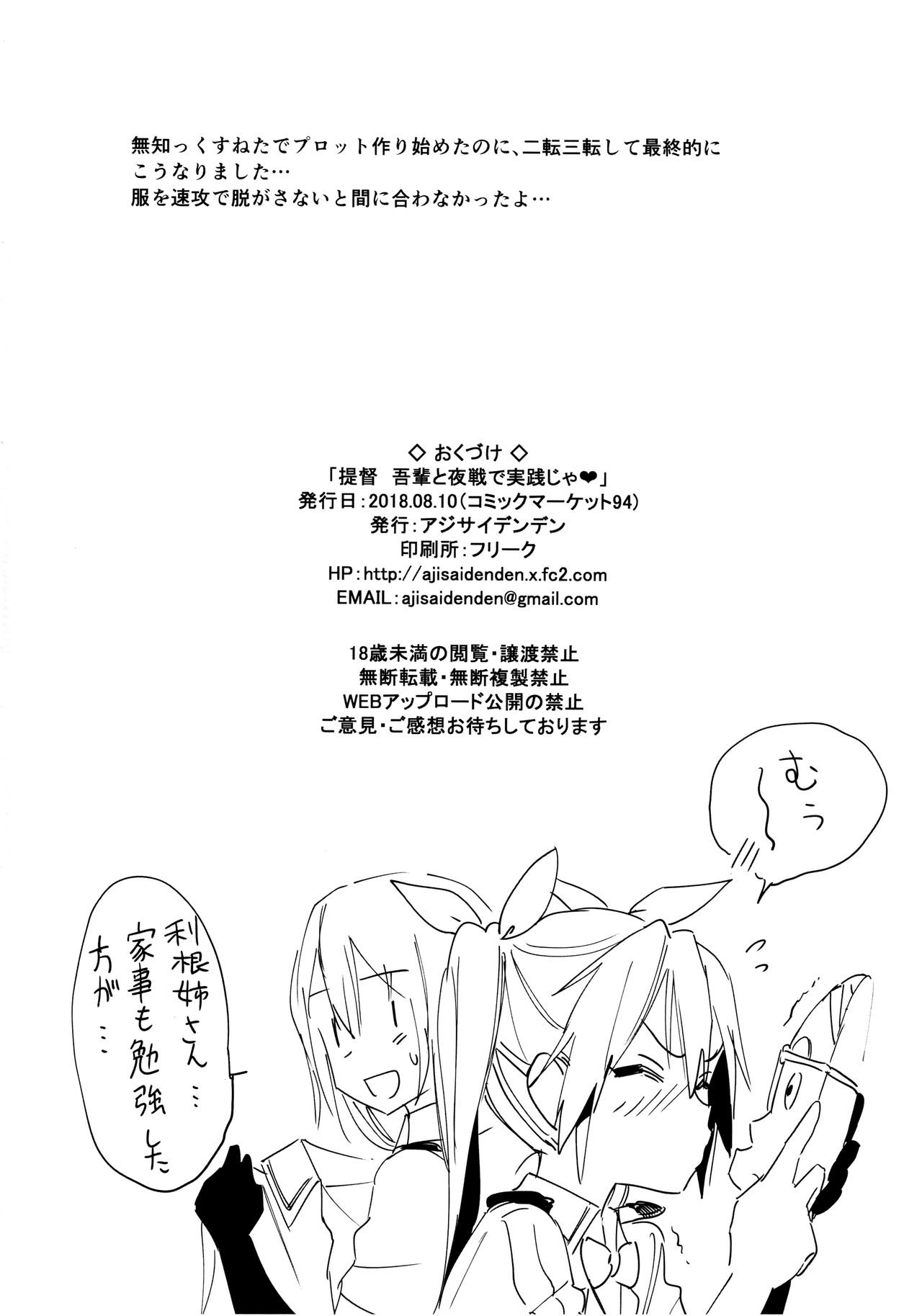 (C94) [アジサイデンデン (川上六角、小鳥遊レイ)] 提督よ 吾輩と夜戦で実践じゃ (艦隊これくしょん -艦これ-) [中国翻訳]